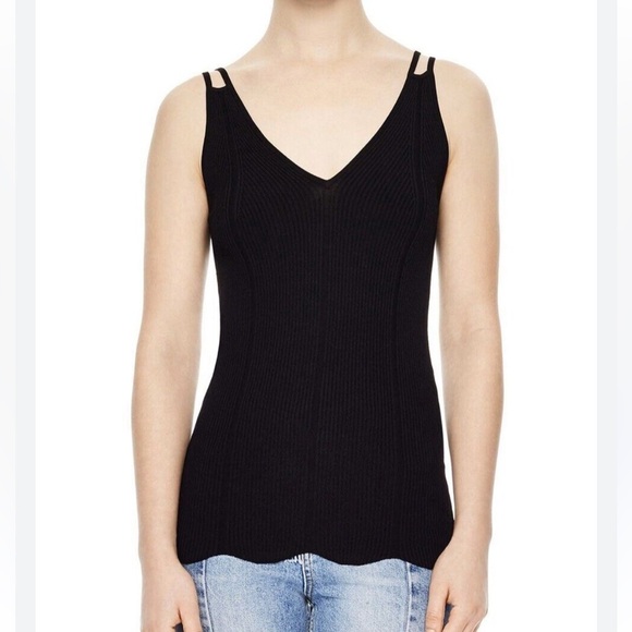 Sandro Black Soan Scalloped Edge Ribbed Strappy Top Size 2 - Picture 1 of 9